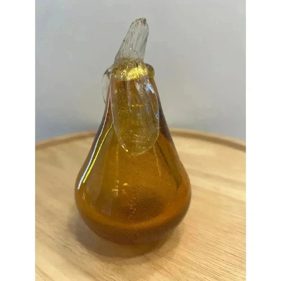 Vintage Murano-style Art Blown Glass Paperweight Amber / Brown Pear Applied Stem - Picture 2 of 6